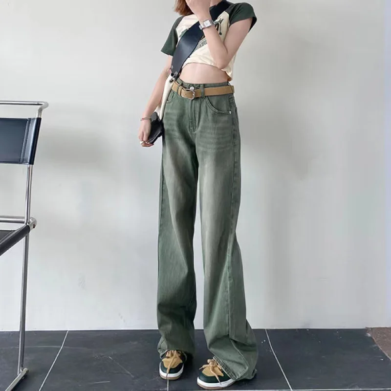 American-Style Retro Green Wide-Leg Jeans Women's Spring High Waist Loose and Slimming Straight Tall Lengthened Mop Pants