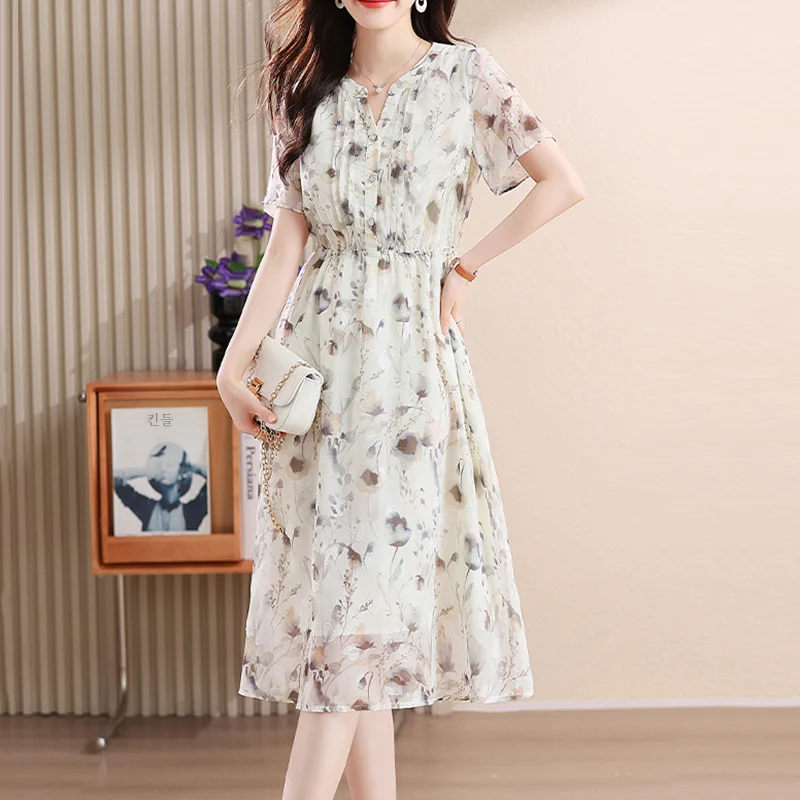 Женское шифоновое платье-миди с коротким рукавом и цветочным принтом