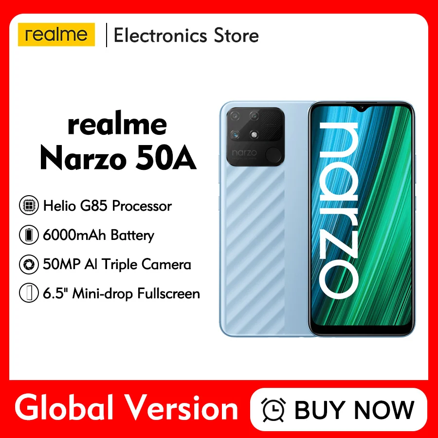 Смартфон глобальная версия realme narzo 50A 4 Гб 128 ГБ 6 5 дюйма 50 МП ии тройной Helio G85