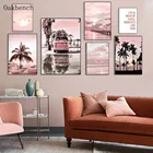 Розовый Пляжный Пейзаж, настенный Рисунок, искусственная пальма, фотообои для украшения гостиной