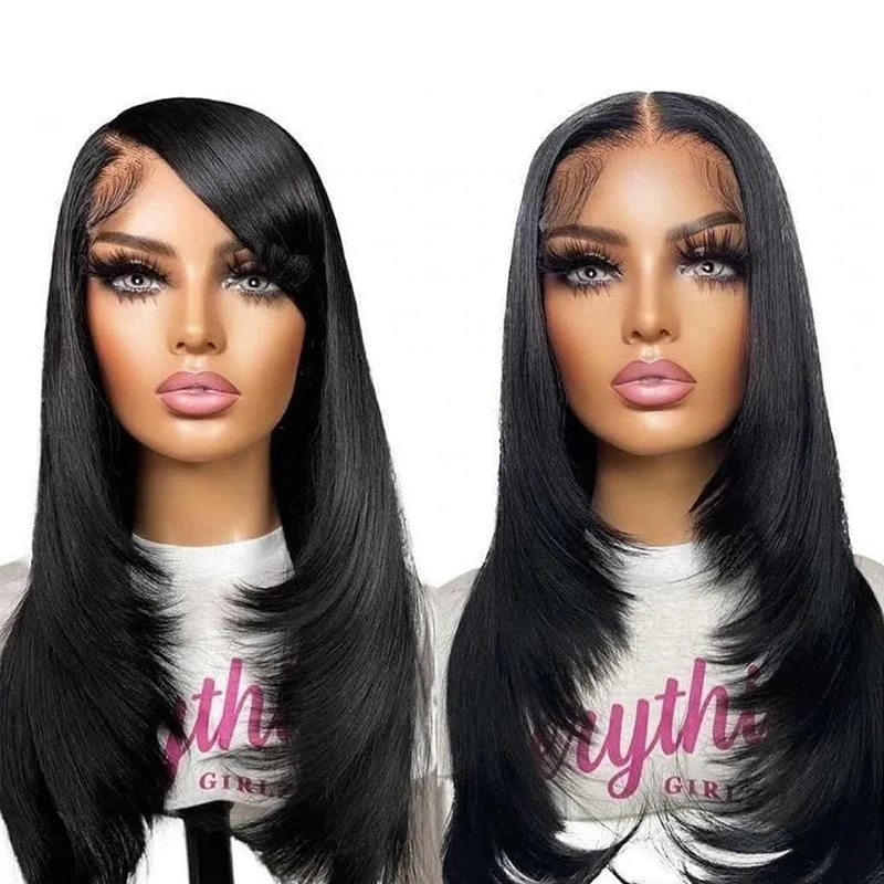 Layered Cut 13x4 Lace Front Wig Human Hair for Women Straight 13x4 Lace Front Wig 180% Density Natural Black Straight Human Wig