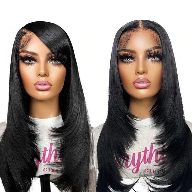 

Layered Cut 13x4 Lace Front Wig Human Hair for Women Straight 13x4 Lace Front Wig 180% Density Natural Black Straight Human Wig