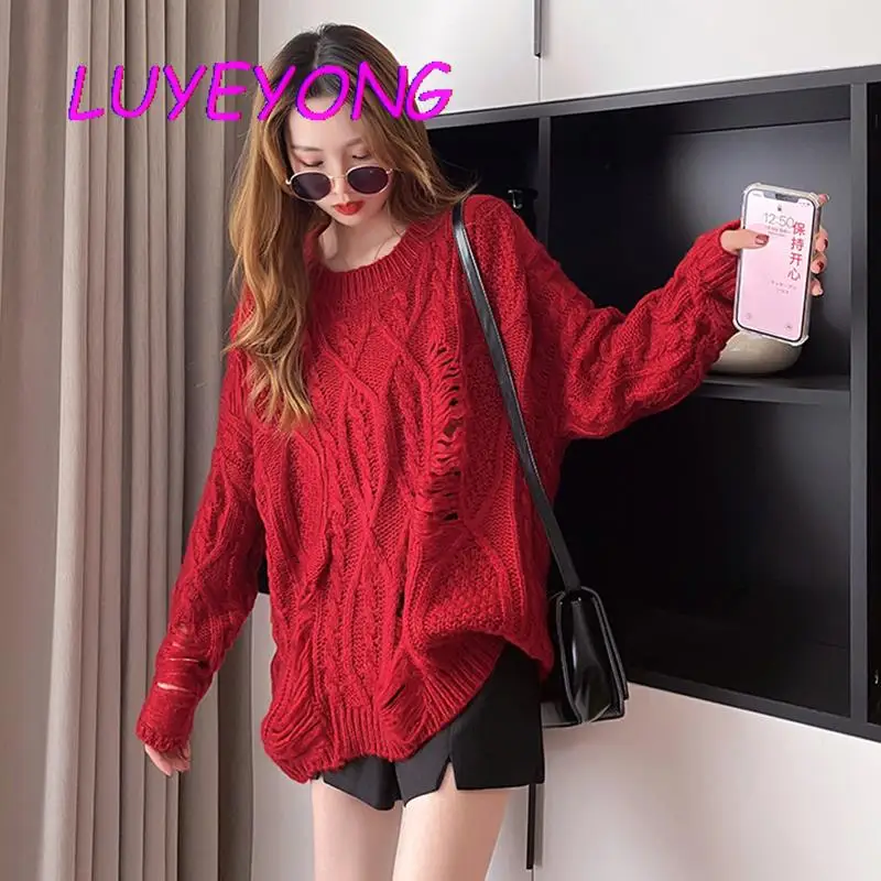 

Autumn Winter Knitted Sweater Women Split Hollow Out Hole Long Sleeve Sweaters Christmas Red Lady Street Harajuku Pullover Top