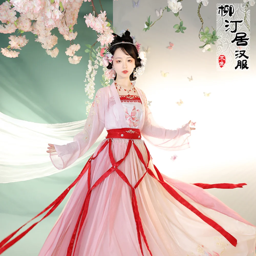 

Chinese Traditional Fairy Pink Flower Embroidery Hanfu Song Dynasty Women Dancewear Skirt Ancient Princess Cosplay Costume Dress