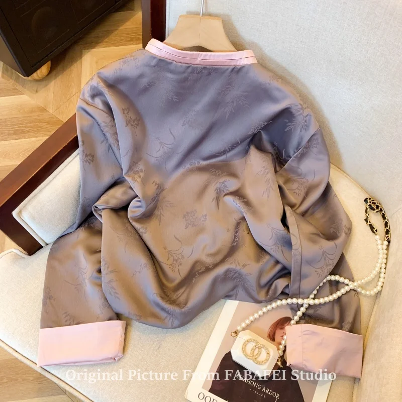 New Chinese Sle Jacquard Tang Suit Coat Female Early Spring 2025 Retro Zen Cardigan Fancy Satin Tops