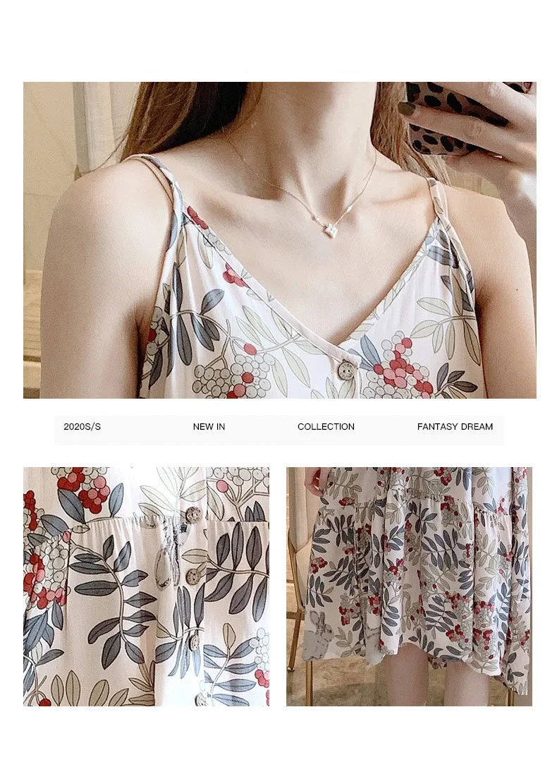 2023 New Summer Nightdress Women Graceful Floral Print Nightdress V Neck Suspenders Female clothes Sexy  Kitten halter dress