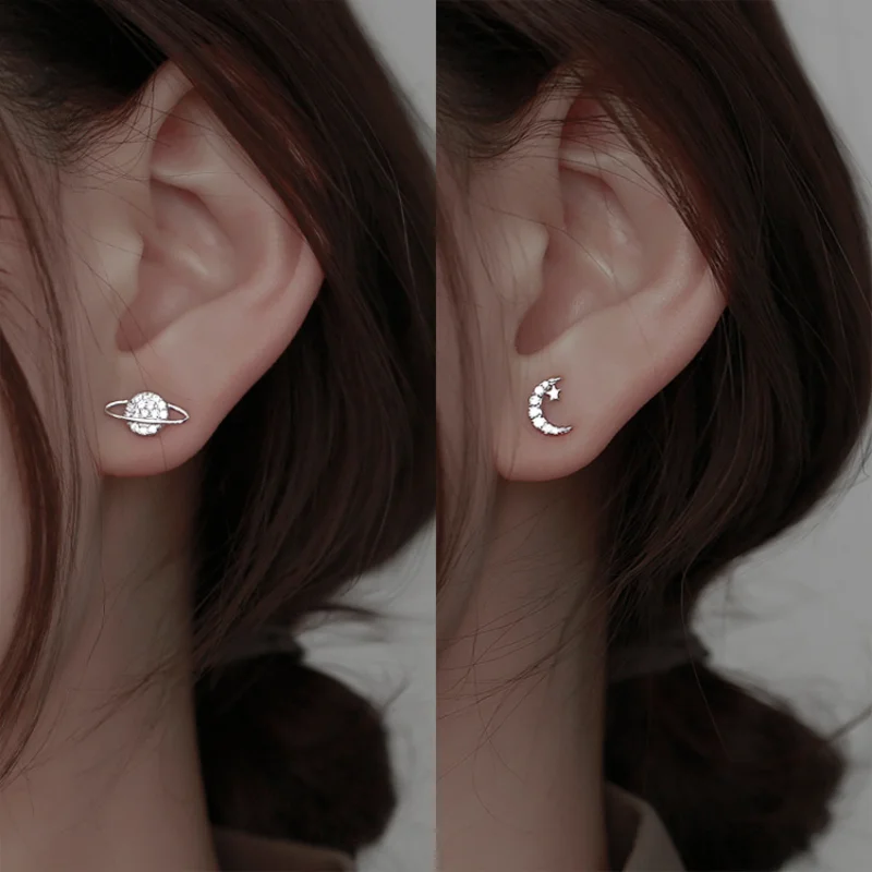 

New Asymmetrical Planet Moon Earrings Korean Simple Small Fresh Style Earrings White Luxury Wedding Party Jewelry Accessories