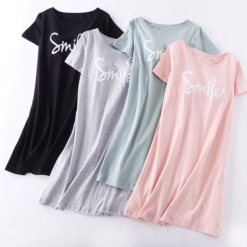 

Modal Printing Letter Nightgown Sleepdress Nightwear Solid Color Round Neck Home Clothing Chest Pad Short Sleeve Homedress