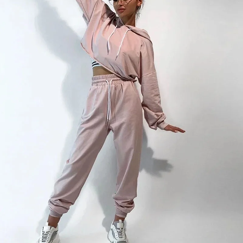 

Women's Winter Casual Solid Color Loose Sportswear Street Autumn Suit 2022 Office New Short Hoodie + Trousers Two-piece Ladies