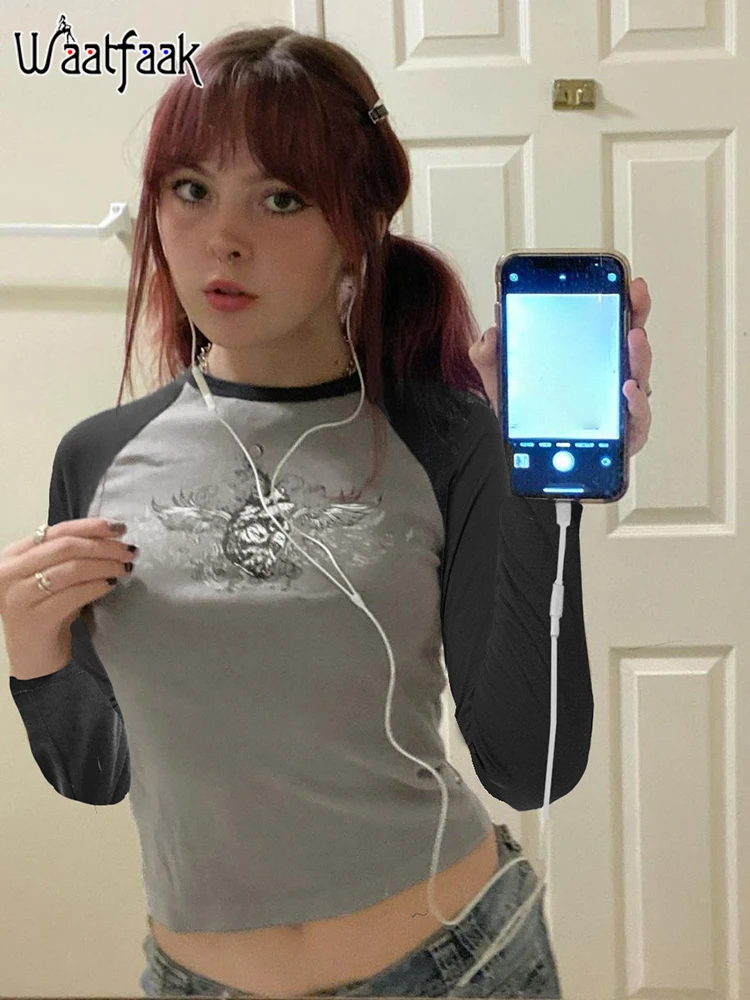 

Футболка Waatfaak Y2K в эстетическом стиле, винтажный серый топ в стиле пэчворк с круглым вырезом, шикарный укороченный топ в стиле ретро, милый Графический Повседневный Топ в стиле Харадзюку