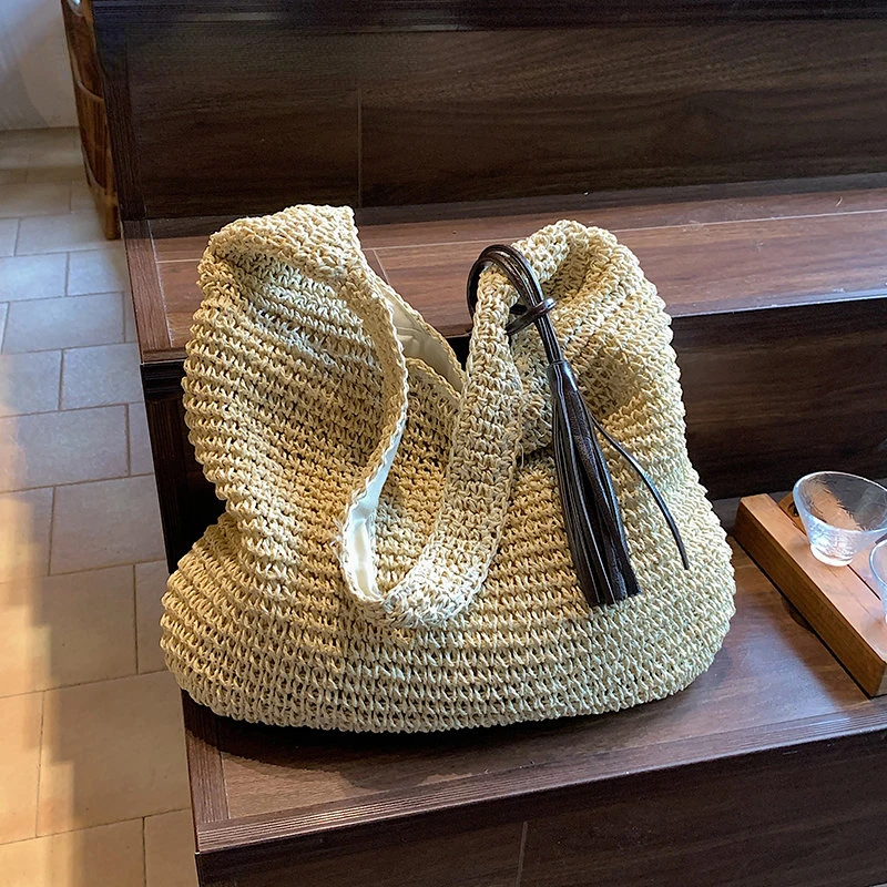 

Летняя женская большая Плетеная соломенная сумка-тоут, новинка 2023, вместительные пляжные сумки, Женская Ручная сумка ручной работы с кисточками