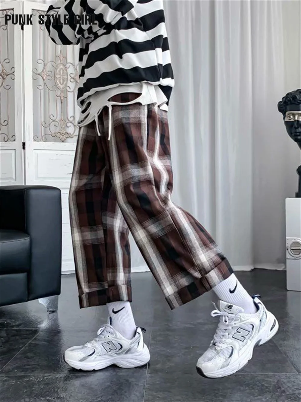 

Kpop Plaid Pants Women Summer Casual Loose Wide Leg Sweatpants Japanese Wide Leg Pants Kpop Y2k Goblincore Sweatpant