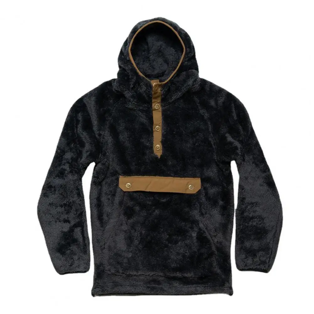 

Trendy Hoodie Jumper Shrinkable Cuffs Coldproof Outerwear Front Pocket Buttons Neck Hoodie Jumper