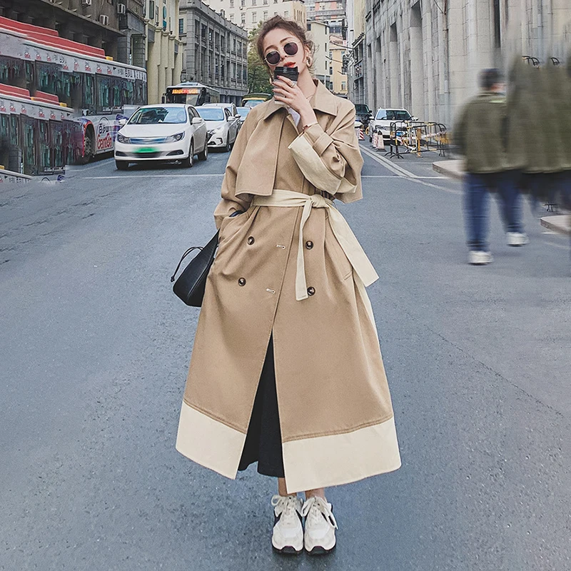 

Women's Trench Coat Long Spring Autumn Korean Khaki Stitching Loose Windbreaker High-quality Lining Double Breasted Ladies Cloak