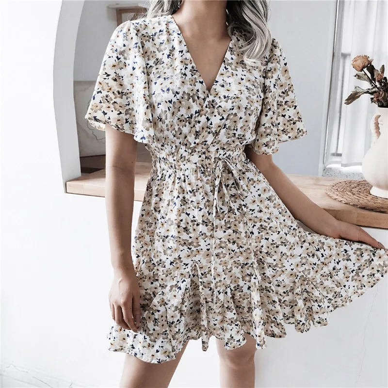 

Women Dresses Summer 2022 Sexy V Neck Floral Print Boho Beach Dress Ruffle Short Sleeve A Line Mini Dress Wrap Sundress Robe