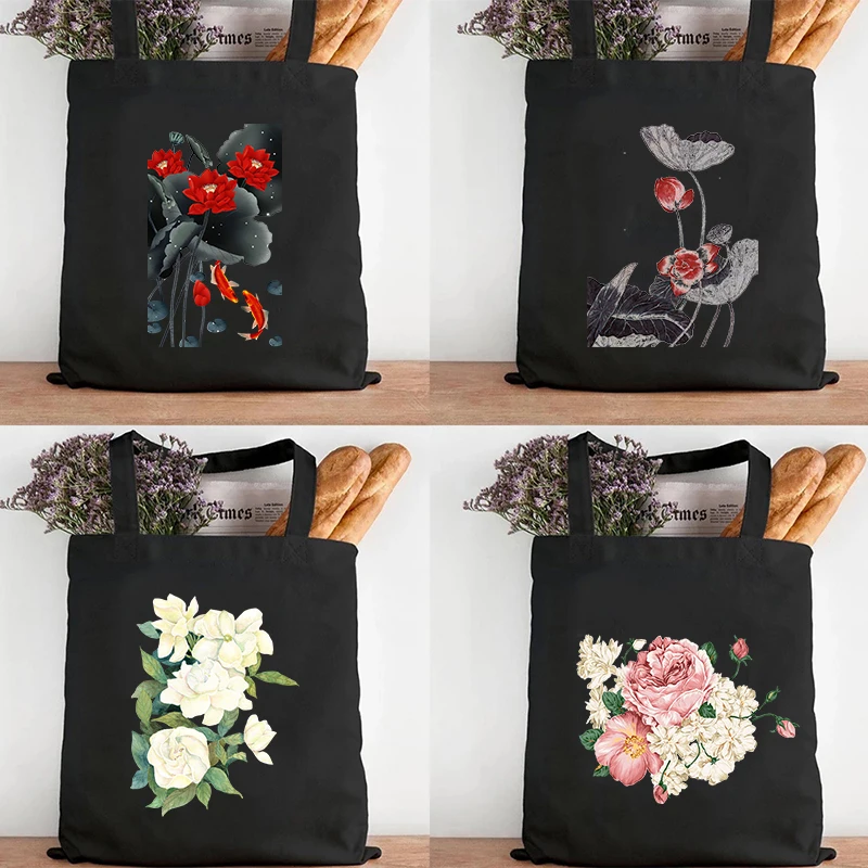 

Female Bag Shoppers FLotus Flower Simple Fashion Zipper Handbags Shoulder Waterproof Large Capacity Tote Bags Women Canvas Bag