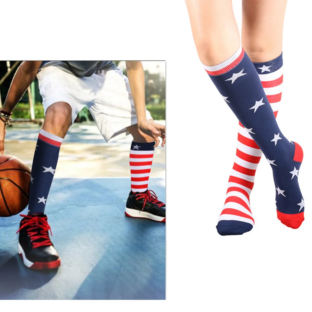 1 Pair White American Flag Printing Long Stocking Outdoor Stockings Knee High Socks Sports Tube Socks Dress Up Props- Size L/XL