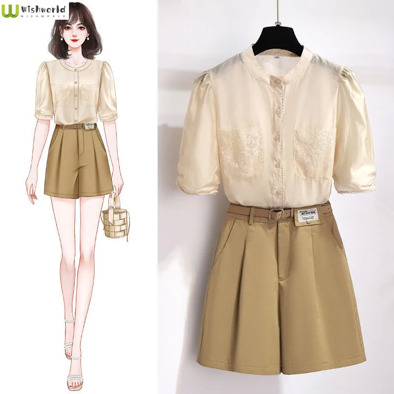 

Women's 2022 Summer New Fashion Round Neck Solid Color Shirt with Slim Waist and Wide Leg Shorts Two Piece Set Womens Outifits