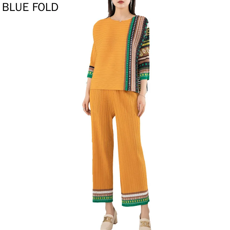 Плиссированный Модный повседневный комплект с принтом для женщин пуловер