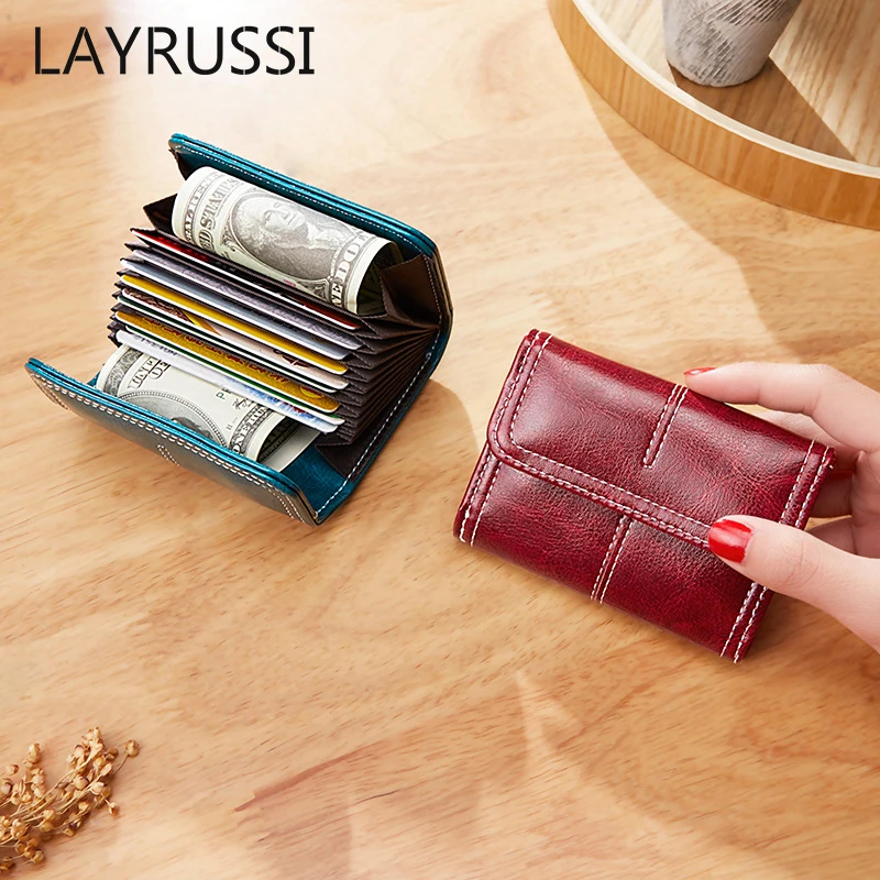 

LAYRUSSI Women Wallet Retro Oil Wax Leather Multi-card Organ Mini Card Holder Ladies Coin Purse Fashion Female Credit Wallet