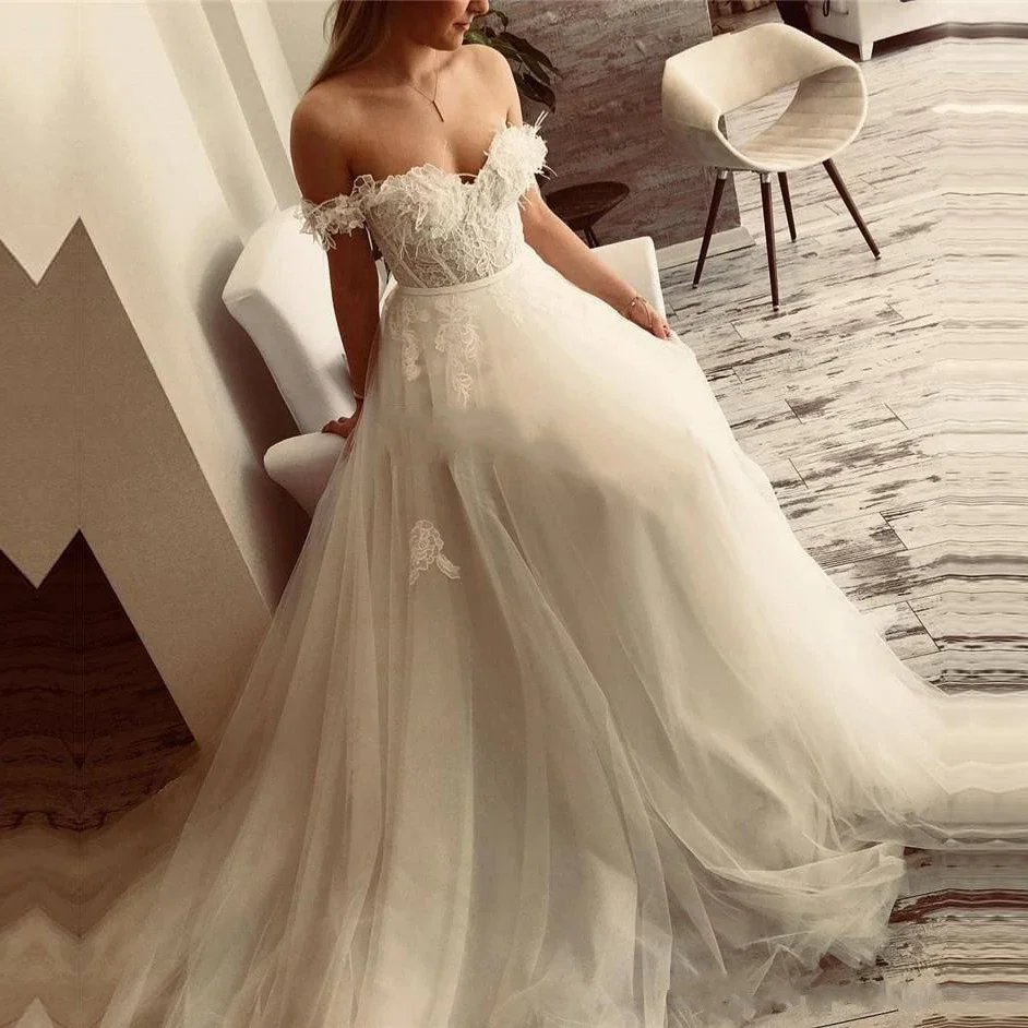 

2 STORE Off-Shoulder Wedding Dresses Robe de mariee Sexy Applique Floor-Length Tulle A-Line Formal Bridal Gowns HOT