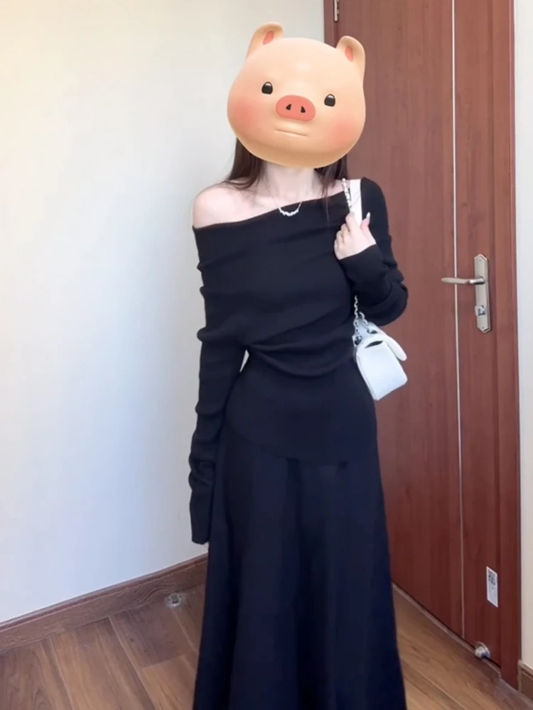 Hepburn Sle черное темпераментное платье с открытыми плечами женское 2024 новый