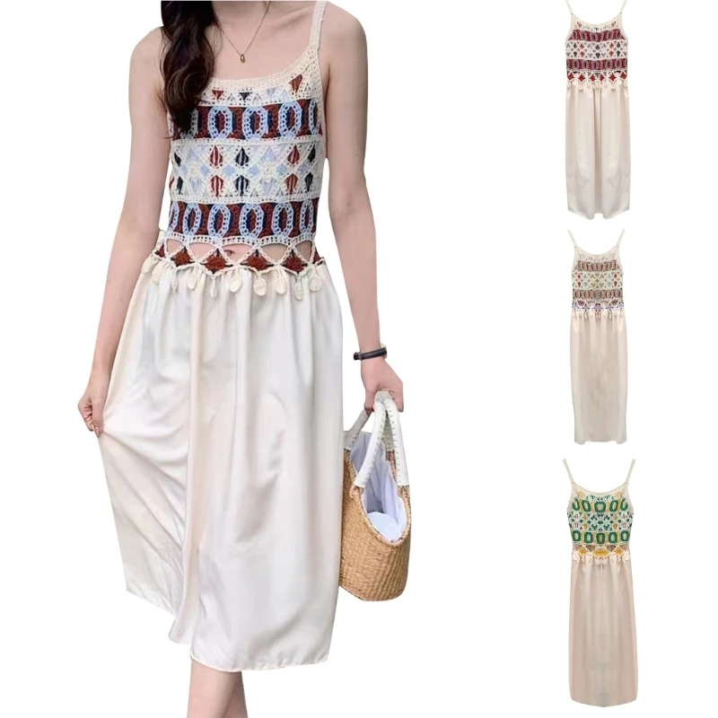 

Women V-Neck Lacy Cloth Hollows Long Dress Colorful Tassels Office Holidays Wear