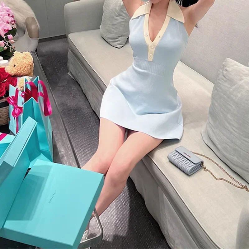 Star Feather Factory Diavon Sweet Heart Slim Fit Bababa Smooths Silhouete Color Blocking Vlapel Twist Core Yarn Knit Dress