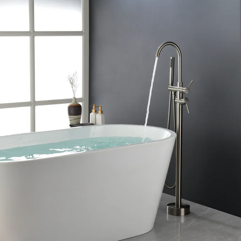 

Ouble Handle Floor Mounted Clawfoot Tub Faucet Brushed Nickel Brass [US Stock]