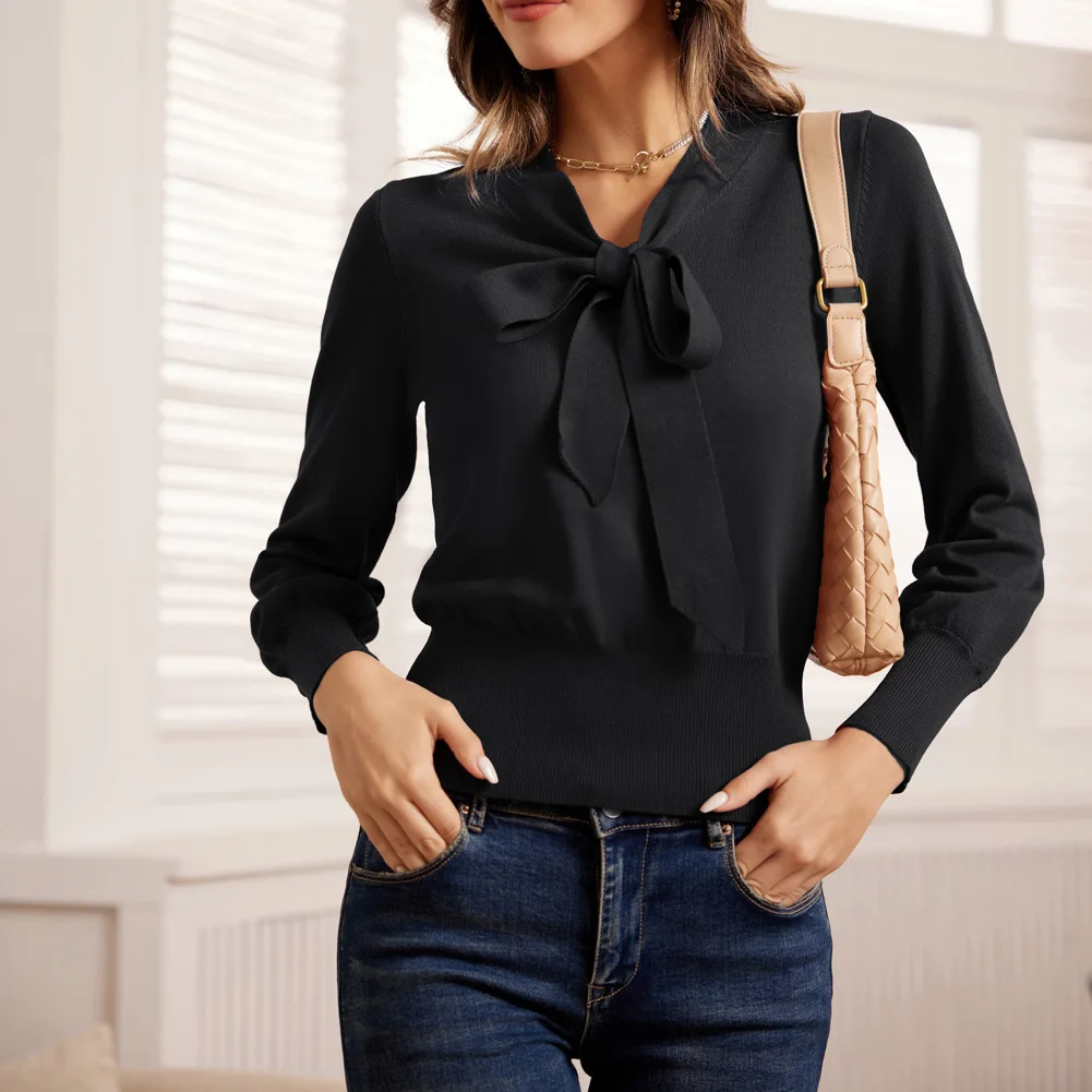 Женский пуловер с бантом GRACE KARIN классический свитер V-образным вырезом и длинным