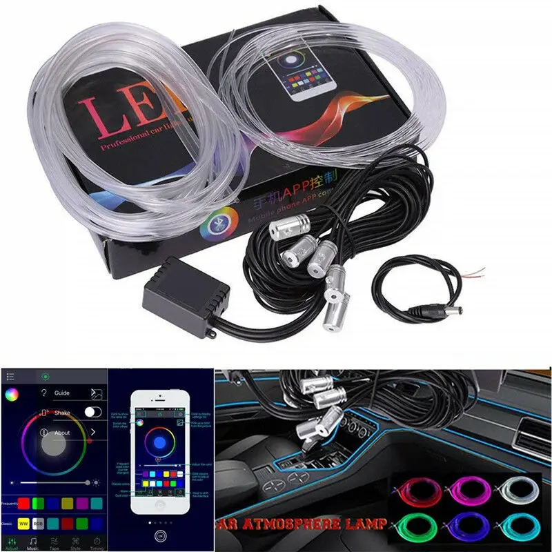 

6 in 1 RGB LED Atmosphere Car Light Interior Ambient Light Fiber Optic Strips Lamp By App Control DIY Music 4M 6M 8M Band
