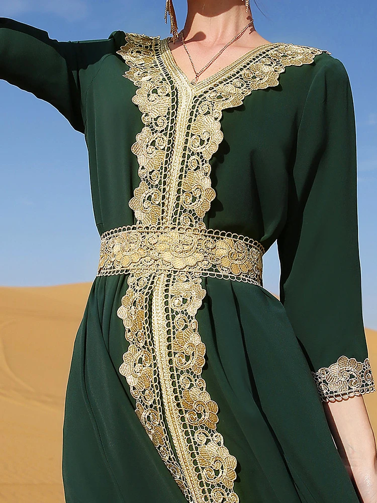 Elegant Muslim Women Dress Embroidery Lace Retro Fashion Abaya Party Long Dress Morocco Kaftan IslamClothing Dubai Turkey Robe