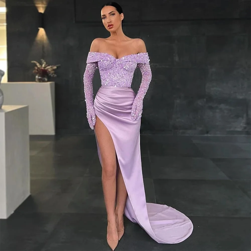 Lavender Purple Shining Lace Star Prom Dress Sexy Off Shoulder Long Sleeve Gloves Mermaid Party Dress Formal Evening Dress
