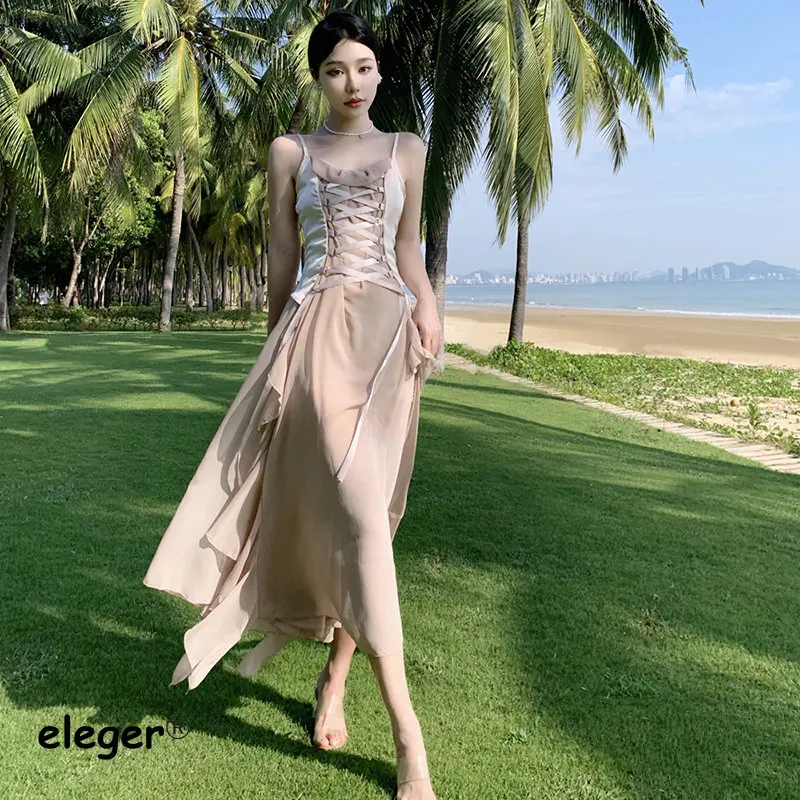 

Summer Bandage French Dress for Women 2023 Slim Long Vacation Dresses Female New Elegant Chic Prom Lady Ruffles Birthday Dress