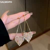 2022 south korea new pink crystal peach heart long drop earrings for women luxury temperament tassel earrings wedding jewelry