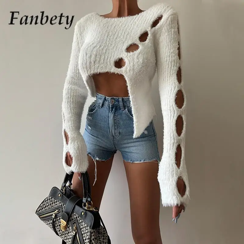

Autumn Winter Hollow Fleece Long-Sleeved Sweater Fashion O-Neck Short Irregular Knitted Sweater Women Solid High Street Sweater