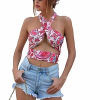 summer european and american backless sleeveless pink print slim halter sexy hot girl vest