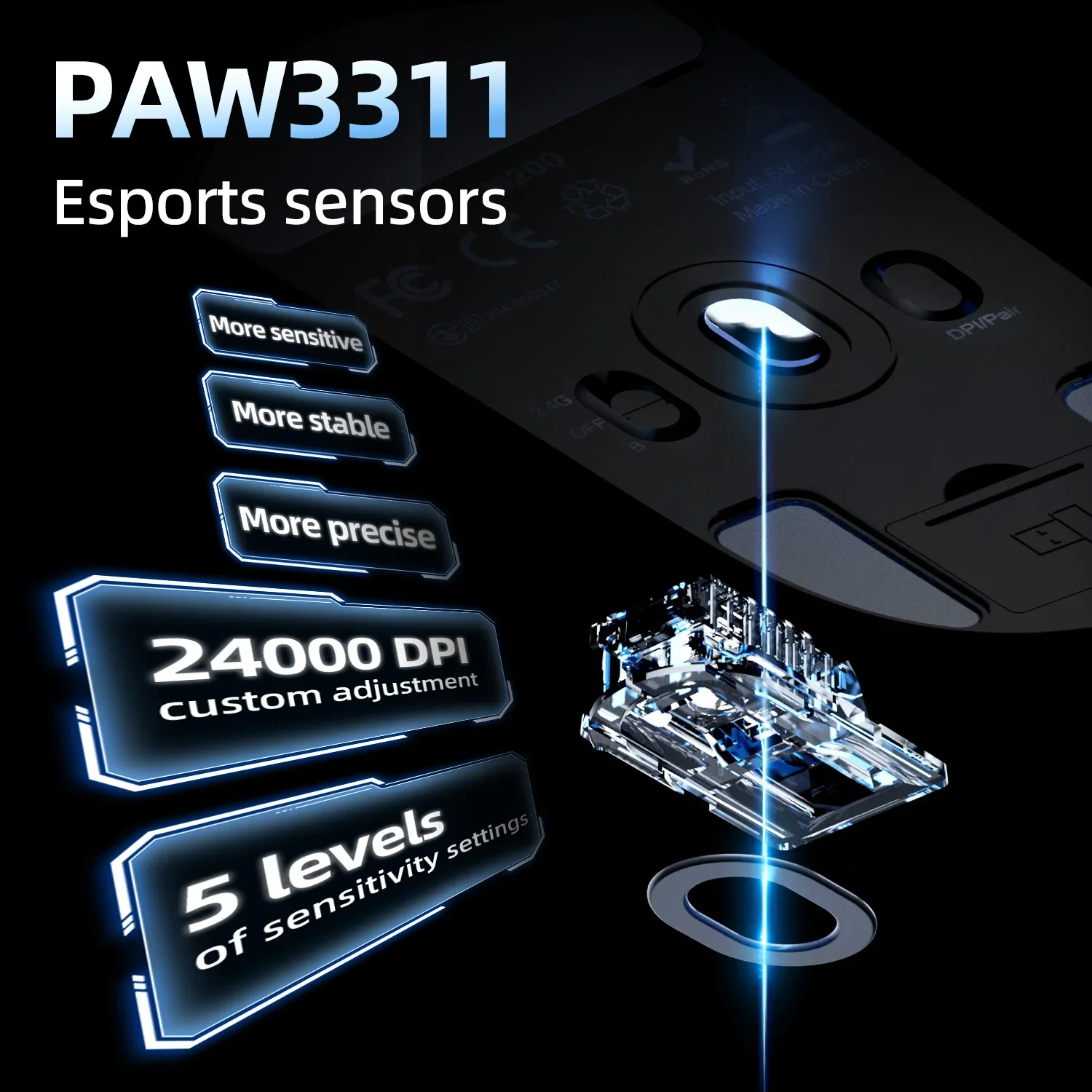 Фото Беспроводная игровая мышь Delux M200, 24000DPI, PAW3311, 2,4 ГГц + Bluetooth + проводное подключение, перезаряжаемая, 500 мАч, сверхлегкая, 56,4 г №3