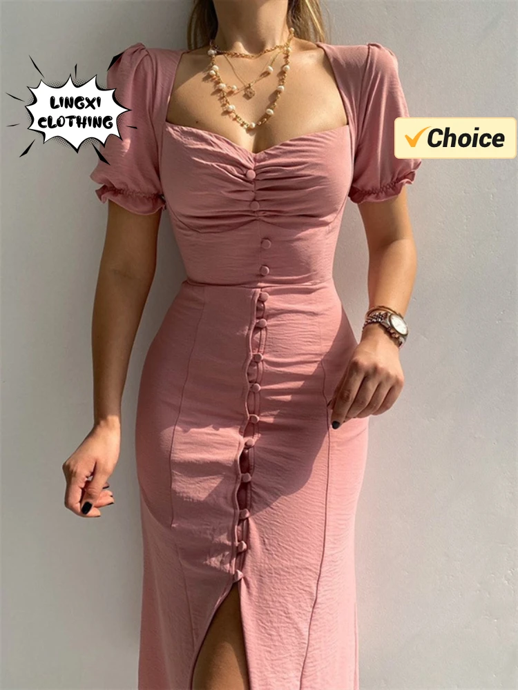 Лето 2024 Женское Сексуальное Платье Миди С V-образным Вырезом Однобортное