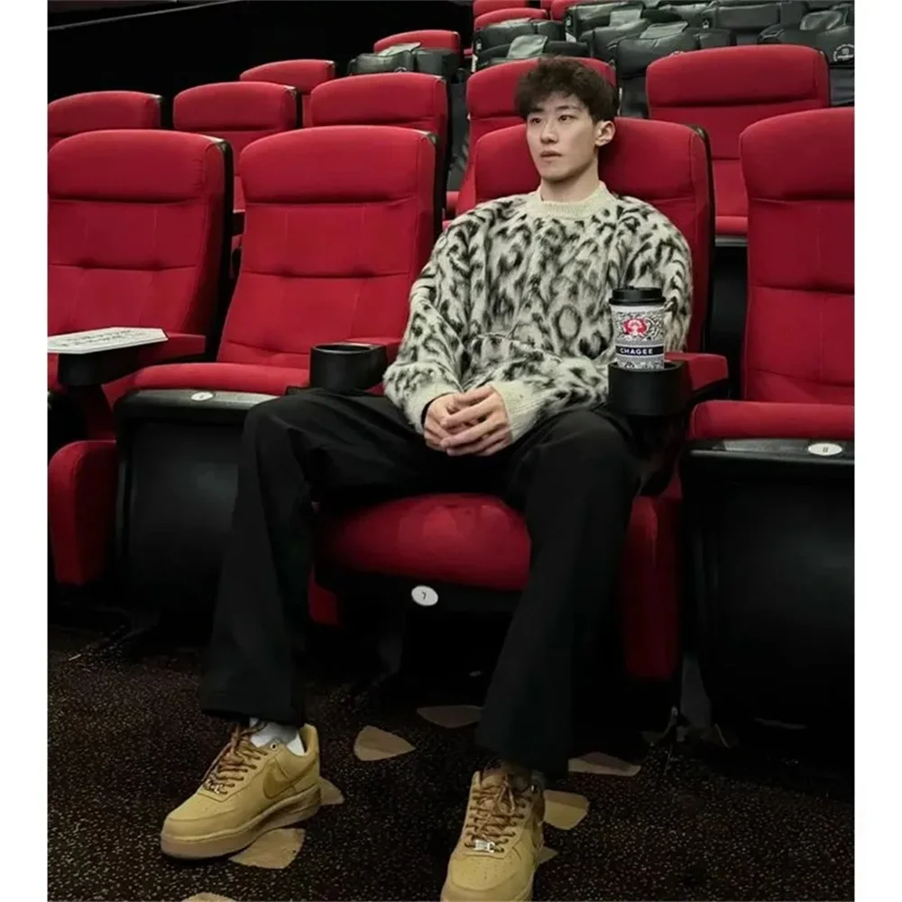 Американский ретро цветной леопардовый свитер с круглым вырезом мужской нишевый