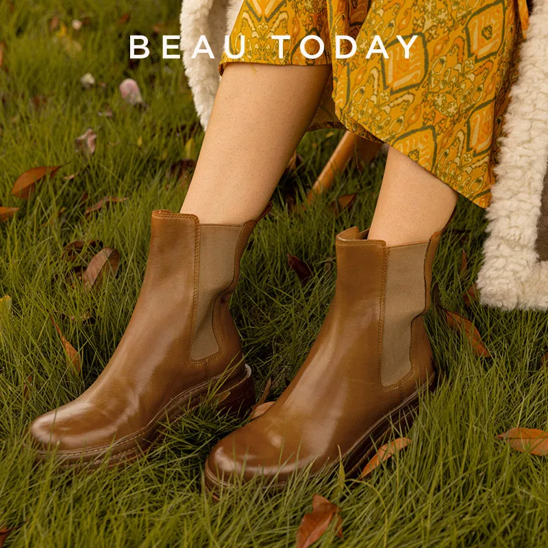 ting BeauToday botki Chelsea damskie skóra końska Retro woskowanie okrągłe Toe gumką buty na platformie podeszwa ręcznie robione 03503