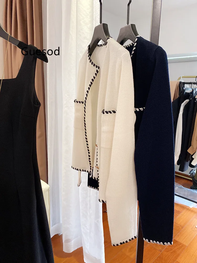 

Guesod Wool Cashmere Silk Coat Elegant Handmade Weave Woolen Cashmere Silk Knitting Cardigan New