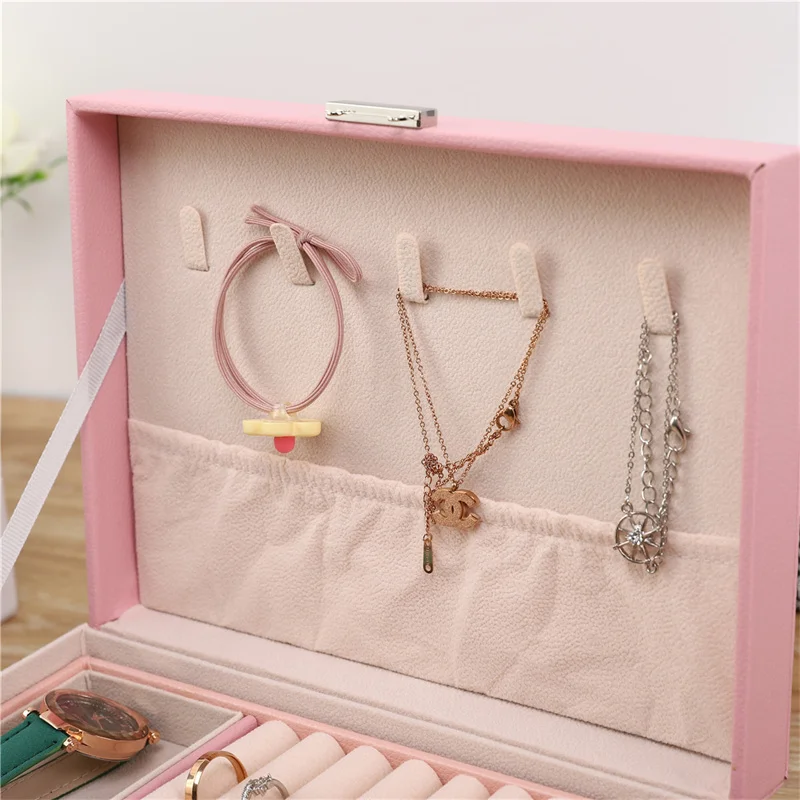 Two-layer have locking luxury PU leather jewelry packaging boxes earrings necklace gift box storage box jewellery box organizer
