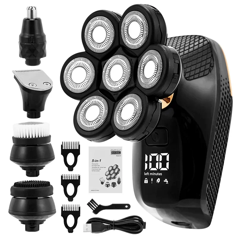 

5 In 1 7D Men's Rechargeable Bald Head Electric Shaver 7 Floating Heads Beard Nose Ear Hair Trimmer Razor Clipper Facial Bru