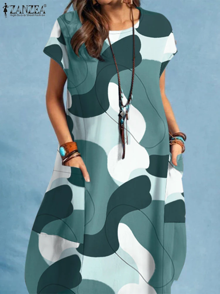Лето 2024 женский сарафан ZANZEA стильное платье до колен с коротким рукавом и принтом