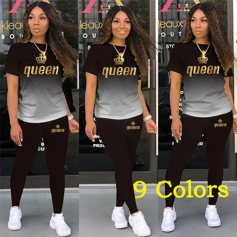 2023 Fashion Plus Size Gradient Two Piece Sets Women Brand Print Tshirt + Jogger Pants Tracksuits Casual Outfits