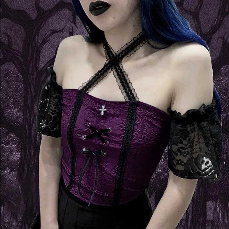 

Dark Goth Vintage Velvet Mall Gothic Women Crop Tops Puff Sleeves Elegant Bandage Summer Lace Tees Backless Sexy Alt Clothes