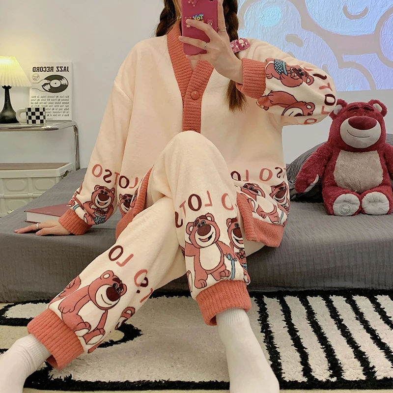 2Pcs Top Pants Autumn Winter Flannel Warm Cardigan Cartoon Pajamas Set Women Home Suit Sleepwear Fleece Velvet Thicken Nightwear