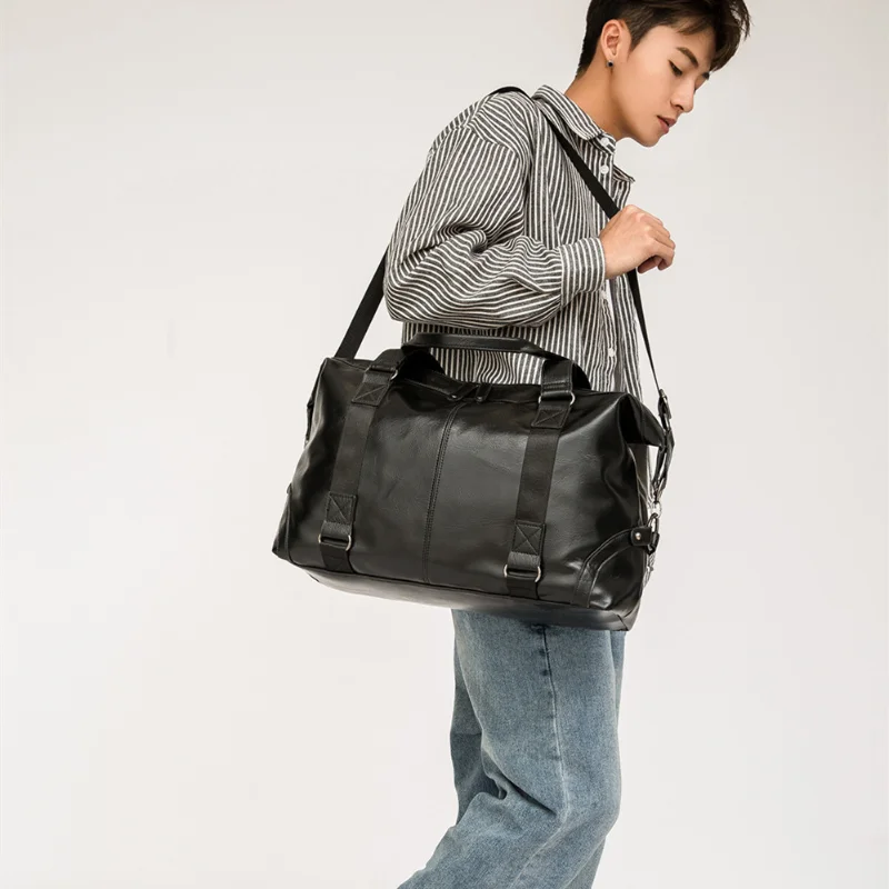 Men's Pu Leather Multifunctional Waterproof Handbags Korean Fashion Casual Cross-body Travel Large Capacity Duffle Bags for Men