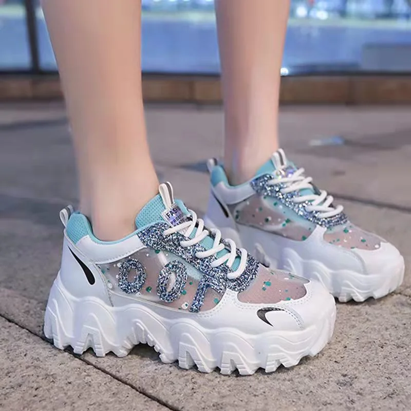 

Classic Chunky Sneakers for Women 2022 Summer Women's Mesh Fabric White Sport Shoes Breathable Ladies Lace Up Daddy Shoes